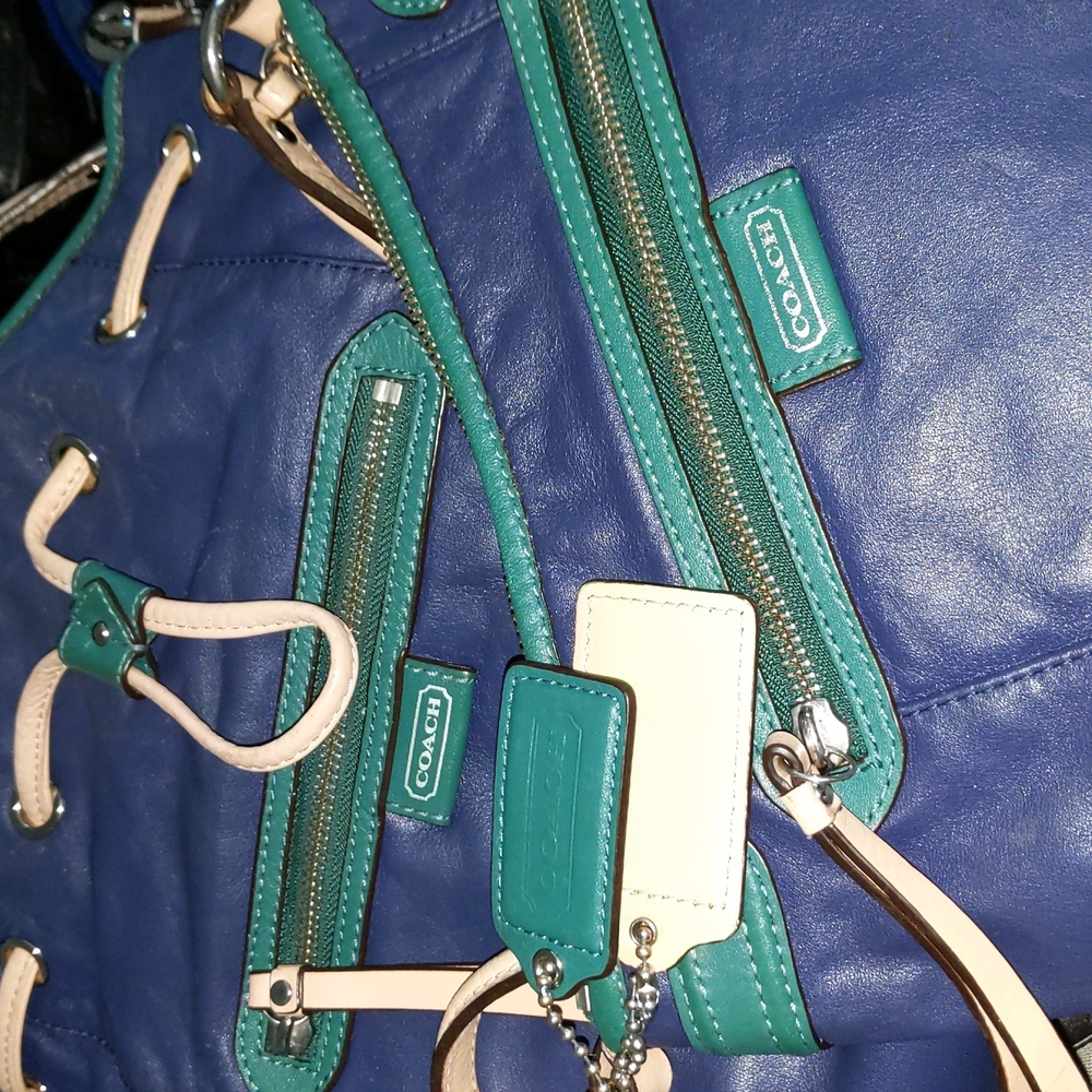 COACH BUCKET TOTE WITH MATCHING MINI PURSE RARE SET BLUE AND GREEN